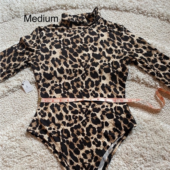 Black Tan Leopard bodysuit long sleeve mock neck size small New NWT - Picture 12 of 14